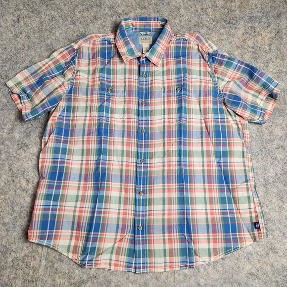 L.L. Bean Other - LL Bean Linen‎ Blend Shirt Men XL Blue Multicolor Scotch Plaid Short Sleeve